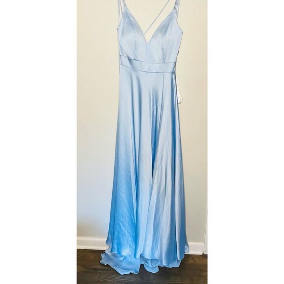 Ieena Mac Duggal Satin Strappy- Back High Slit Powder Blue Lace Up Back Gown 8 - Picture 3 of 14